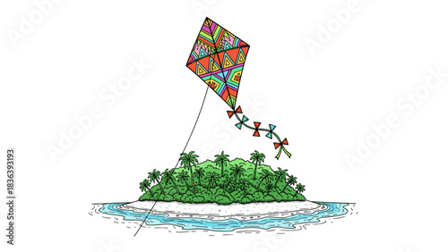 Vibrant kite flying over tropical island paradise