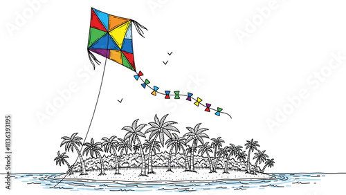 Colorful kite flying over tropical island in playful sketch style