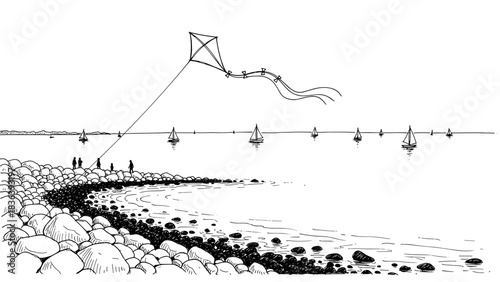 Coastal scene with kite flyers and sailboats in black and white line art