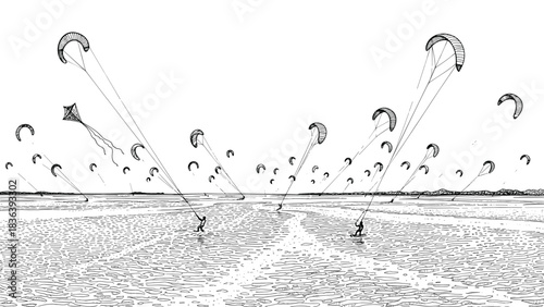 Kite surfers and kites in the sky over a breezy shoreline