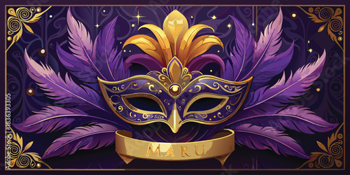 Ornate venetian masquerade mask with purple feathers and gold accents