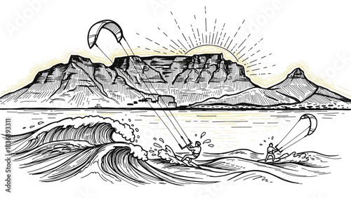 Kitesurfing adventure in front of majestic mountain landscape at sunset