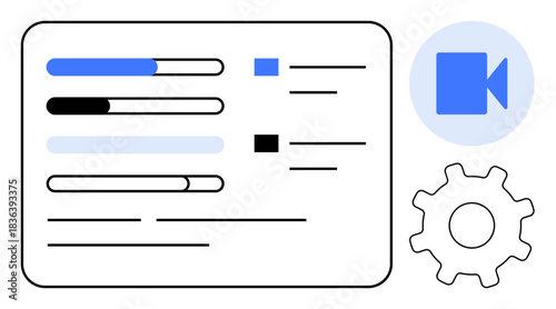 User interface, video editing, digital tools, media playback, customization, streaming. Visual of progress bars, gear for settings and video icon. User interface and video editing concept