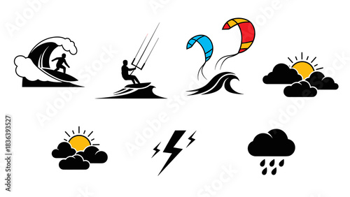 Surfing and kiteboarding icons with weather symbols in minimalist style