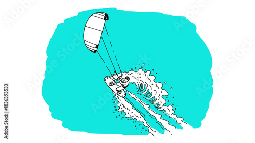 Dynamic kite surfer on turquoise waves in bold sketch style