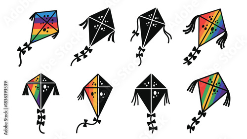 Colorful and monochrome kite designs array
