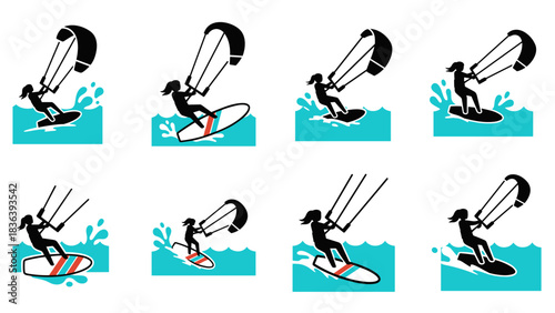 Silhouette icons of kiteboarders in action on waves with splash effects