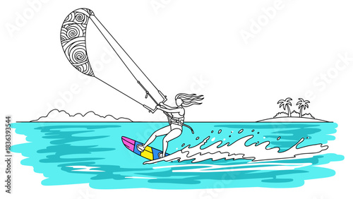 Colorful kite surfing adventure with woman on waves and island background