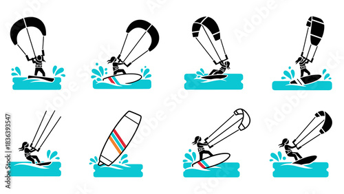 Kitesurfing action silhouettes on waves with splash effects