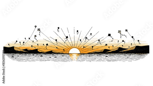 Scenic sunset with kites over water and mountains in linear art style