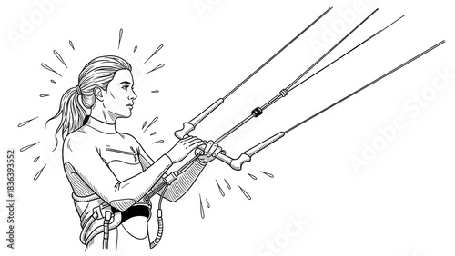 Dynamic kiteboarding: detailed black and white adventure art