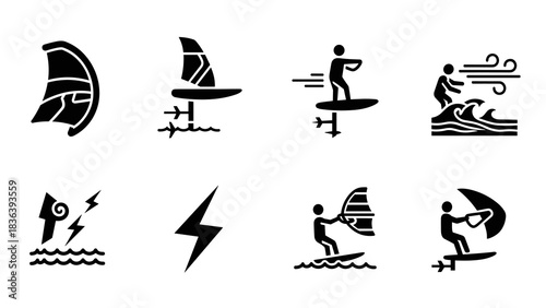 Silhouette icons of windsurfing and surfing activities with dynamic wave elements