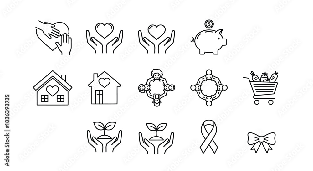 Fototapeta premium Collection of hand drawn icons representing charity and care