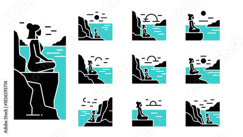 Geometric meditative person by the sea with minimalist horizon and sunset variations