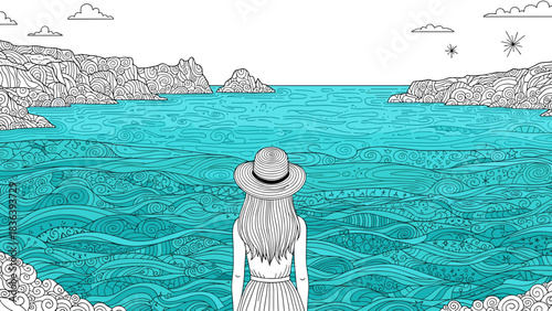 Scenic ocean view with woman in hat on shore featuring intricate line art design
