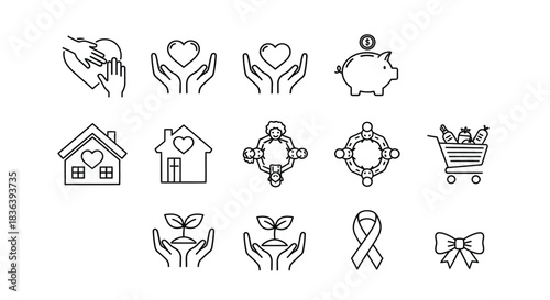 Collection of hand drawn icons representing charity and care