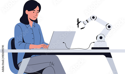 Female engineer programming robot arm