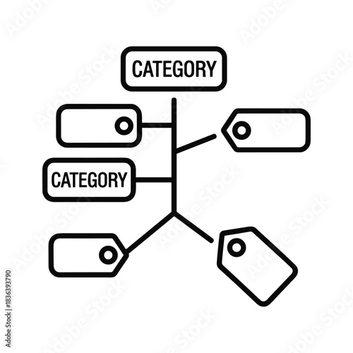 Category and Tag Relationship Diagram with Hierarchical Structure Outline Icon