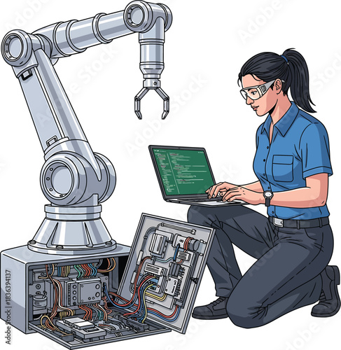 Female engineer programming robot arm