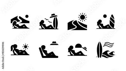 Minimalist beach icons collection: relaxation and surfing silhouettes