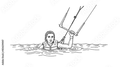 Water sports adventure: outline artwork of a kite surfer in action