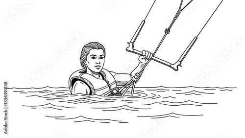 Line art of a kite surfer in the water with equipment