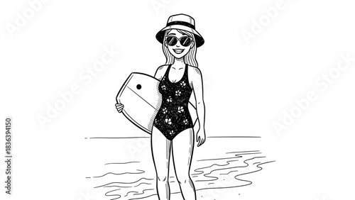 Smiling woman in hat and sunglasses enjoying summer beach vibes