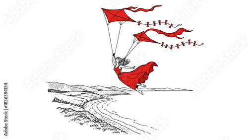 Whimsical kite flight: woman in red dress soaring above scenic coastline