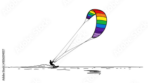 Rainbow paraglider and kitesurfer on open sea in minimalist silhouette art
