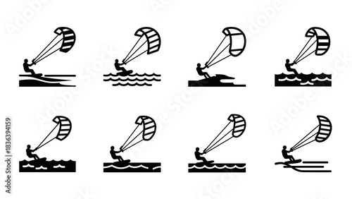Kitesurfing silhouettes collection: diverse watersport poses in bold black style