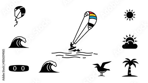 Kitesurfing adventure with waves, sun, and nature elements in simple silhouette design