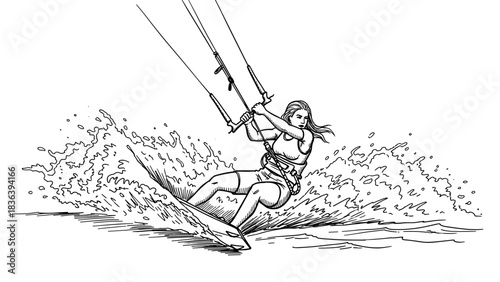 Dynamic kiteboarder riding waves in black and white sketch style