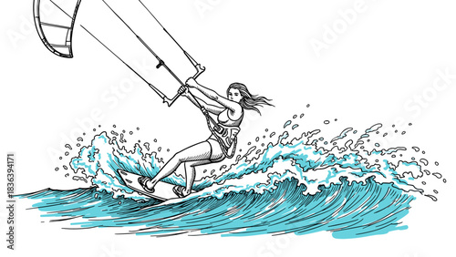 Dynamic line art: woman kiteboarding over vibrant ocean waves