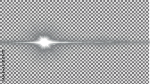 Minimalist sharp white horizontal light streak effect with small multi-point starburst center, clean focused illumination design element on transparent PNG background.