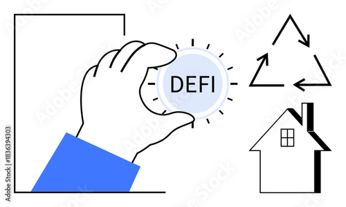 Financial technology, decentralized finance, green economy, real estate investment, sustainability, blockchain. A hand holds a DEFI symbol near recycling icon and house. Financial technology
