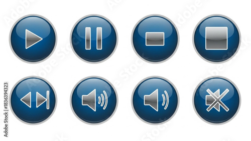 Glossy Media Control Icon Set – Play, Pause, Stop, Forward, Backward, Volume Buttons on White Background