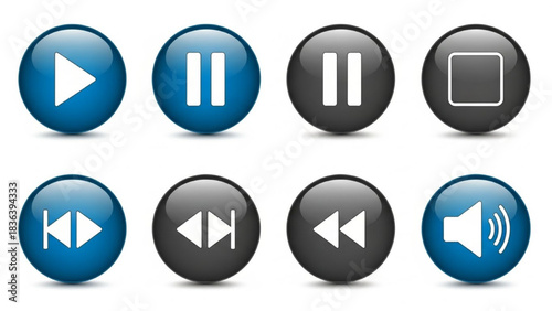 Glossy Media Control Icon Set – Play, Pause, Stop, Forward, Backward, Volume Buttons on White Background