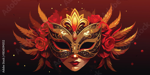 Ornate venetian masquerade mask with feathers and flowers