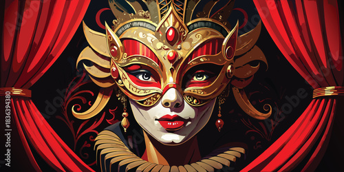 Ornate venetian masquerade mask with red velvet curtains