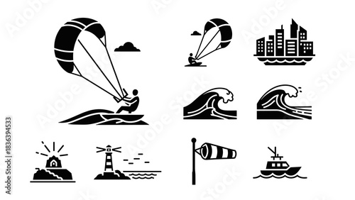 Monochrome ocean activities: kiteboarding, waves, and maritime icons