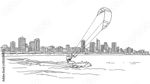 Kitesurfer gliding on waves with urban skyline in the background