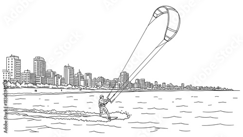 Kiteboarding adventure on urban waterfront in black and white line art
