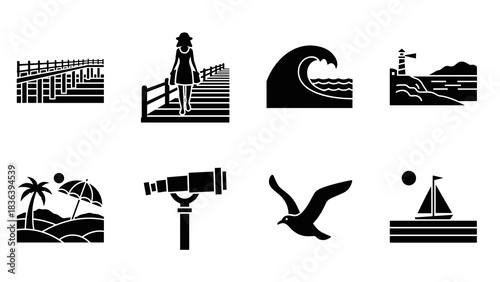 Coastal icons set: silhouette beach scenes with waves, birds, and lighthouses