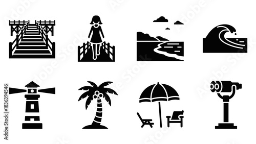 Silhouette icons: beach, lighthouse, nature, and outdoor elements for creative design