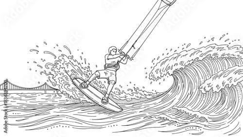 Adventure-filled kitesurfing scene with ocean waves in linear black and white art