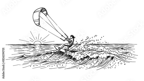 Thrilling ocean adventure: black and white kite surfing scene