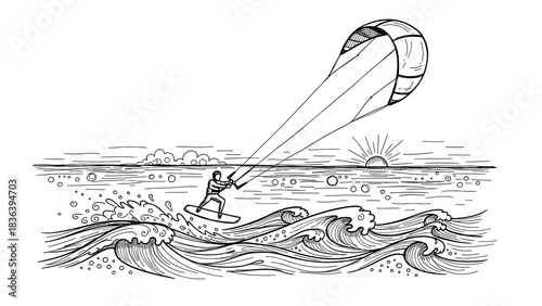 Hand drawn kite surfer on waves at sunrise: black and white adventure scene