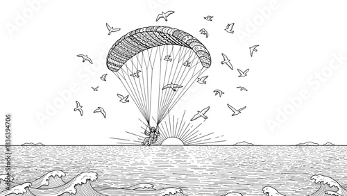 Paraglider soaring above ocean waves at sunrise with birds in flight