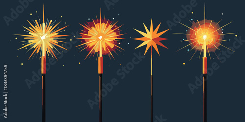 Four sparklers ignited with bright orange flames and sparks on dark background