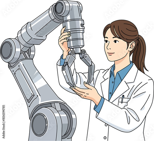 Female engineer programming robot arm